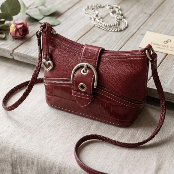 Brighton Handbags - Brighton Red Pebbled Leather Shoulder Bag Heart Charm Croc Embossed